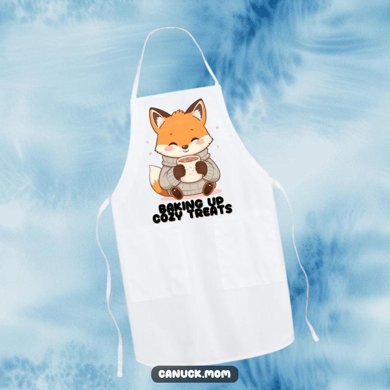 Funny Fox Cocoa Apron: A smiling fox in a cozy sweater sips hot cocoa, bringing warmth to cooking attire.
