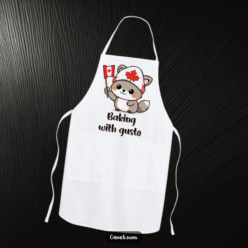 Funny Canadian animal character wearing a toque, waving a tiny Canadian flag, on a practical kitchen apron, a funny gift.