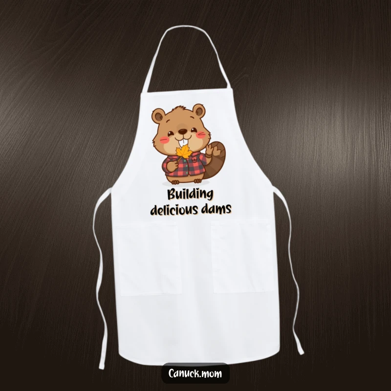 Funny beaver apron with a smiling beaver in a flannel shirt holding a tiny maple leaf, ready for humorous kitchen tasks.