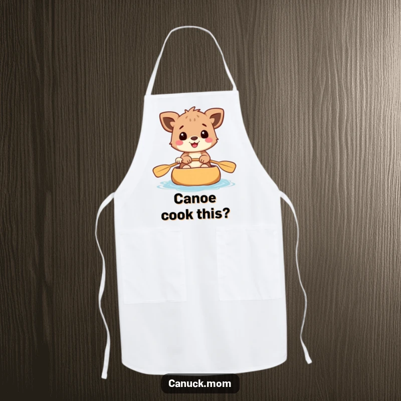 Funny apron depicting a cheerful animal joyfully paddling a canoe, ideal for a humorous outdoor cook.
