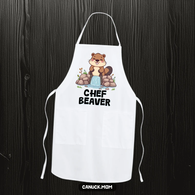 Funny Beaver Apron, cheerfully building a tiny, uneven dam, ideal for humorous cooking and crafting.