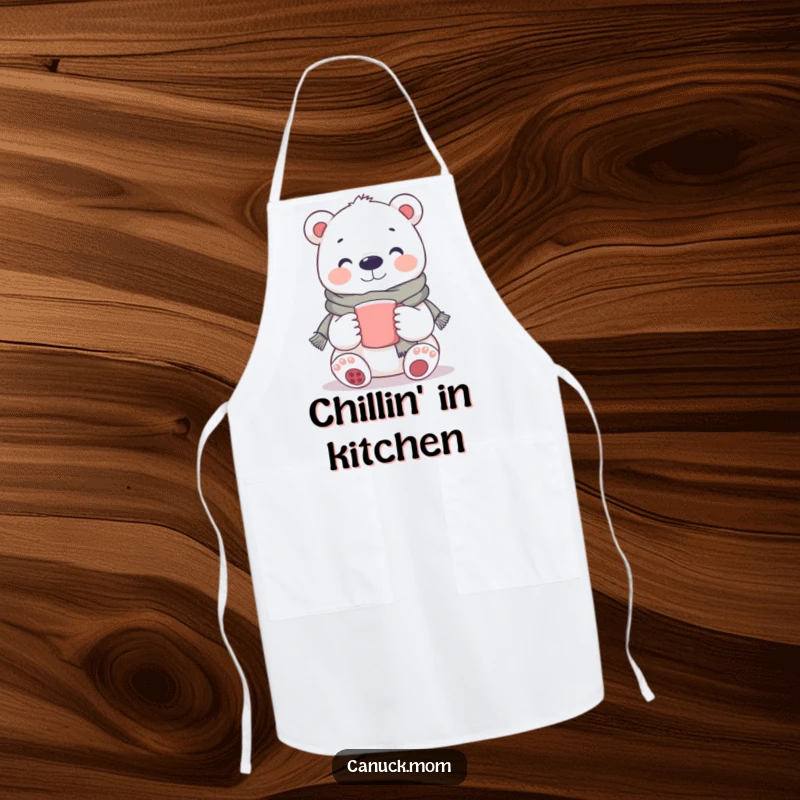 Funny Polar Bear Apron: A chef-ready polar bear wearing a scarf and smiling, holding a mug, for a cozy cooking experience.