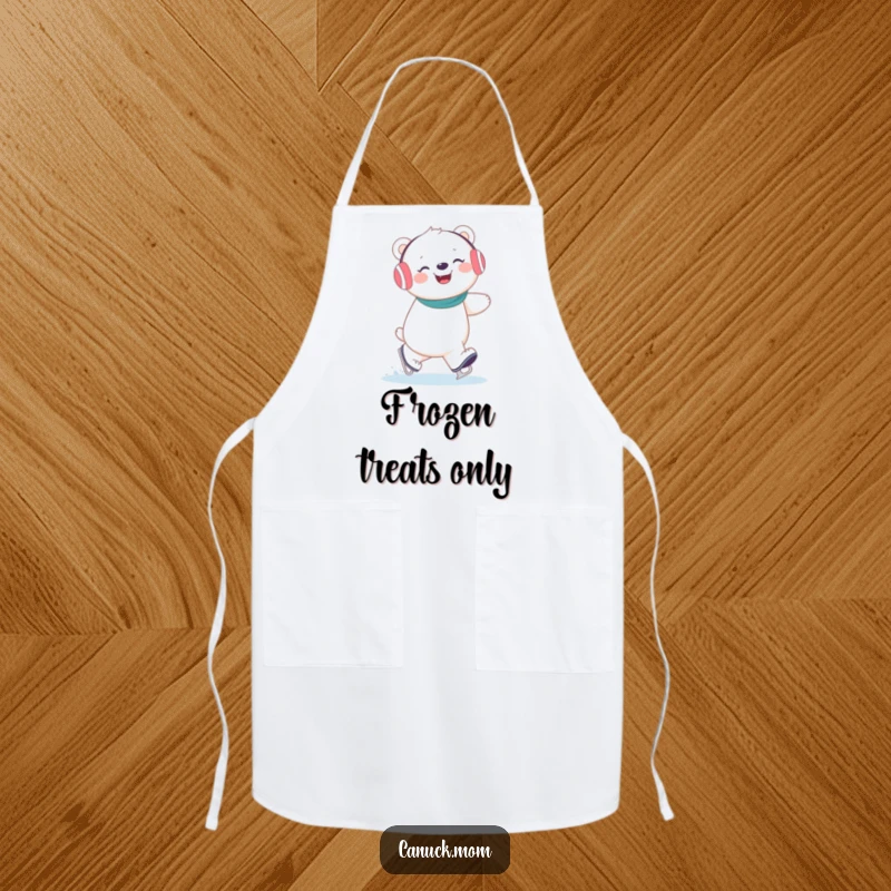 Funny polar bear wearing earmuffs giggling while ice skating, a humorous apron design for kitchen enthusiasts.