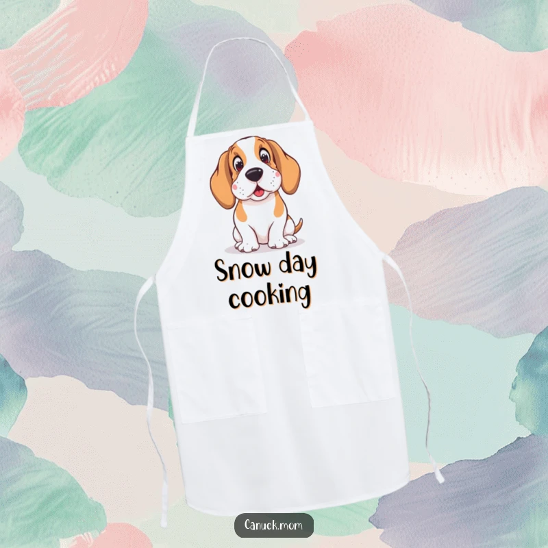 Funny apron featuring a Basset Hound wearing earmuffs, looking amused by snowflakes, perfect for kitchen adventures.