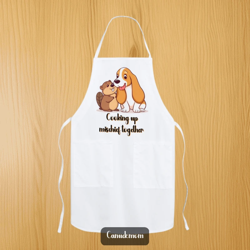 Funny Basset Hound and Beaver Apron: A Basset Hound and a Beaver share a playful glance, making kitchen tasks more enjoyable.
