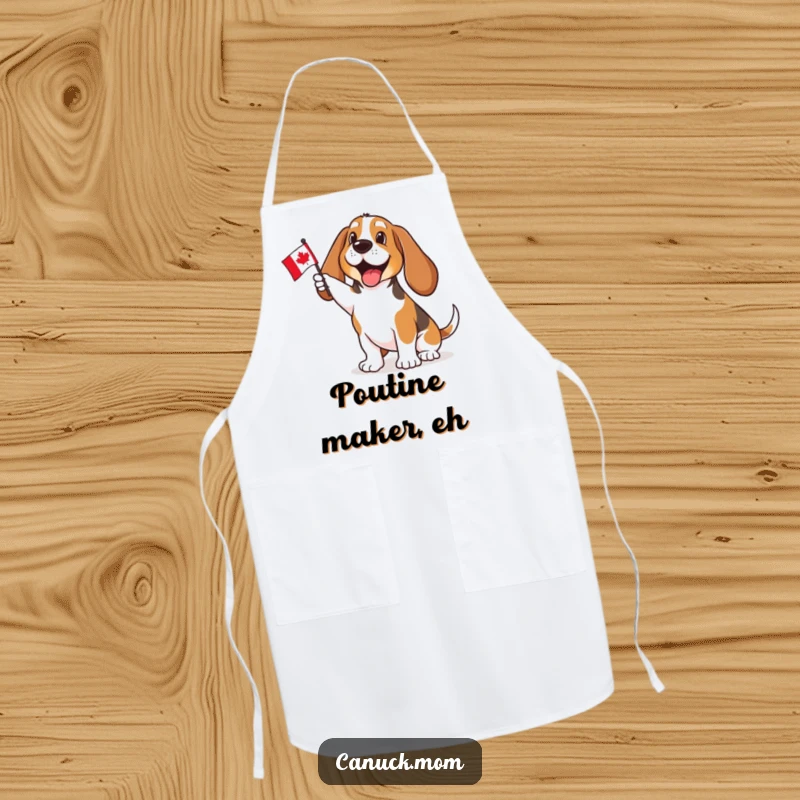 Funny Basset Hound apron enthusiastically waving a small Canadian flag, ideal for kitchen duties or barbecues, bringing patriotic humor to cooking.