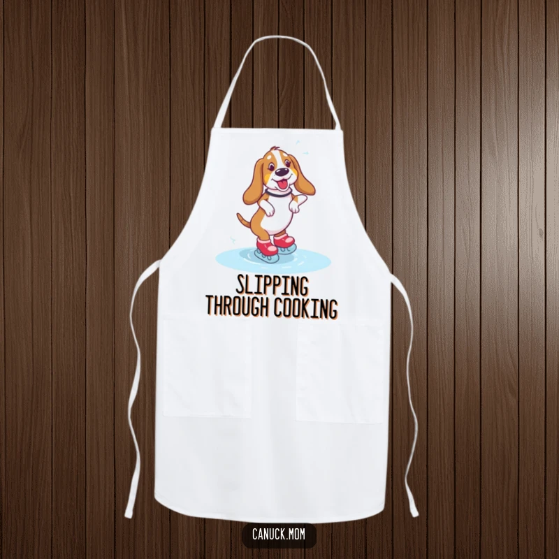 Funny Basset Hound Apron showing a dog hilariously attempting to skate on ice, ideal for kitchen fun.