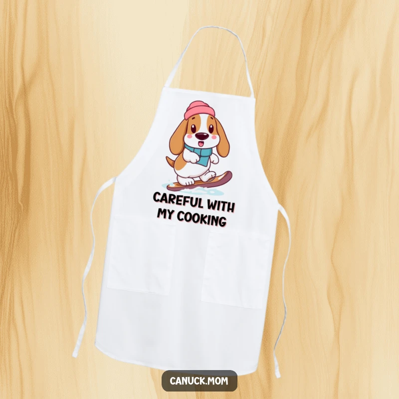 Funny Basset Hound wearing a snowshoe and stepping carefully, printed on a durable and humorous cooking apron.