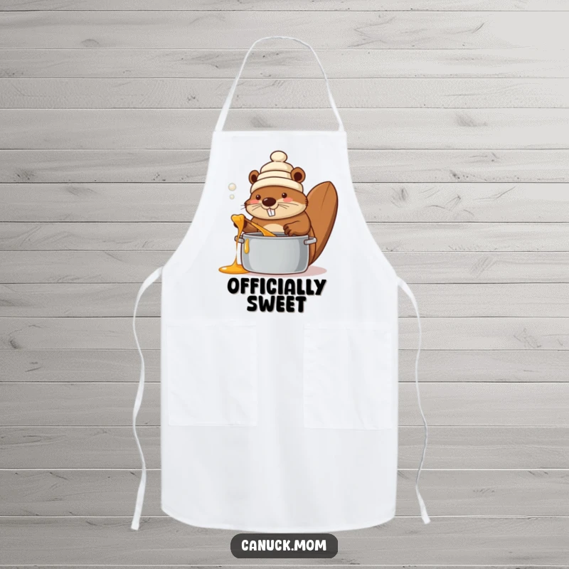 Funny beaver wearing a toque, stirring a pot of maple syrup, on a kitchen apron, adding a playful touch to cooking.