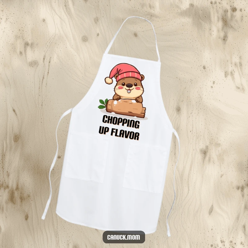 Funny beaver wearing a toque hat, chopping a festive log, ideal for chefs who love winter celebrations.