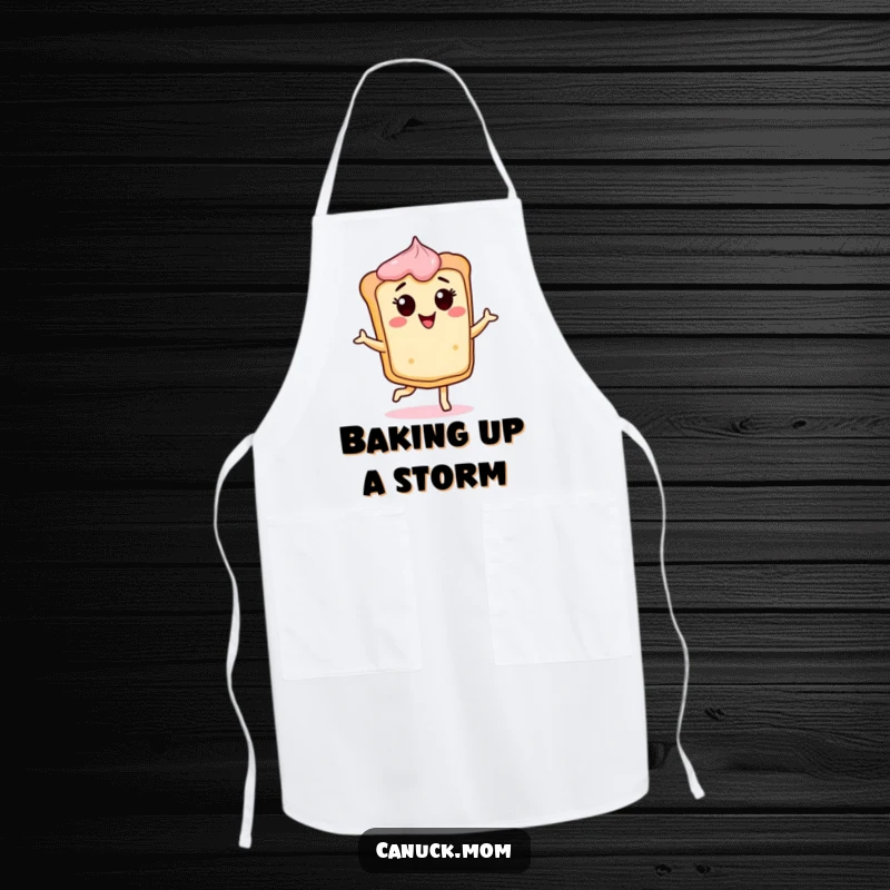 Funny Butter Tart Apron showing a cheerful, dancing tart character, ideal for baking and a funny gift.