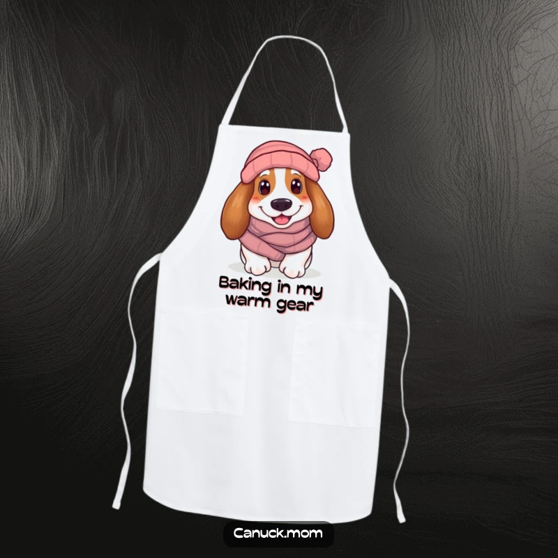 Funny Basset Hound Apron: A smiling hound wearing a winter scarf and toque, perfect for a cozy and humorous cooking experience.