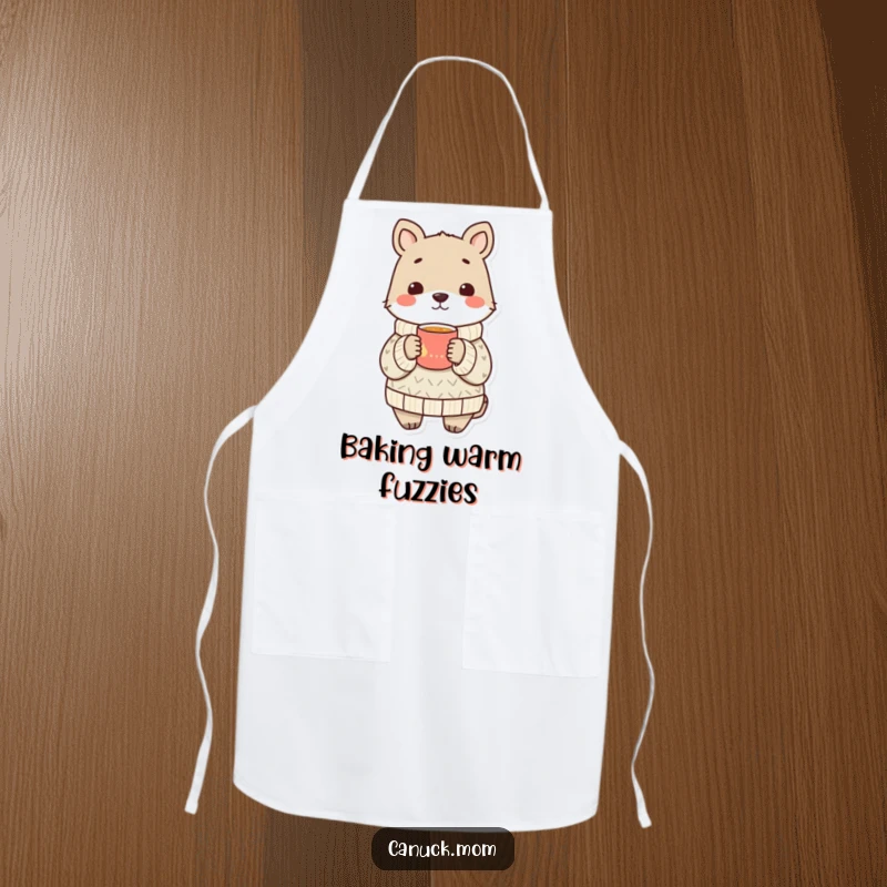 Funny animal in a cozy sweater sharing a warm drink while cooking, a humorous and practical apron.