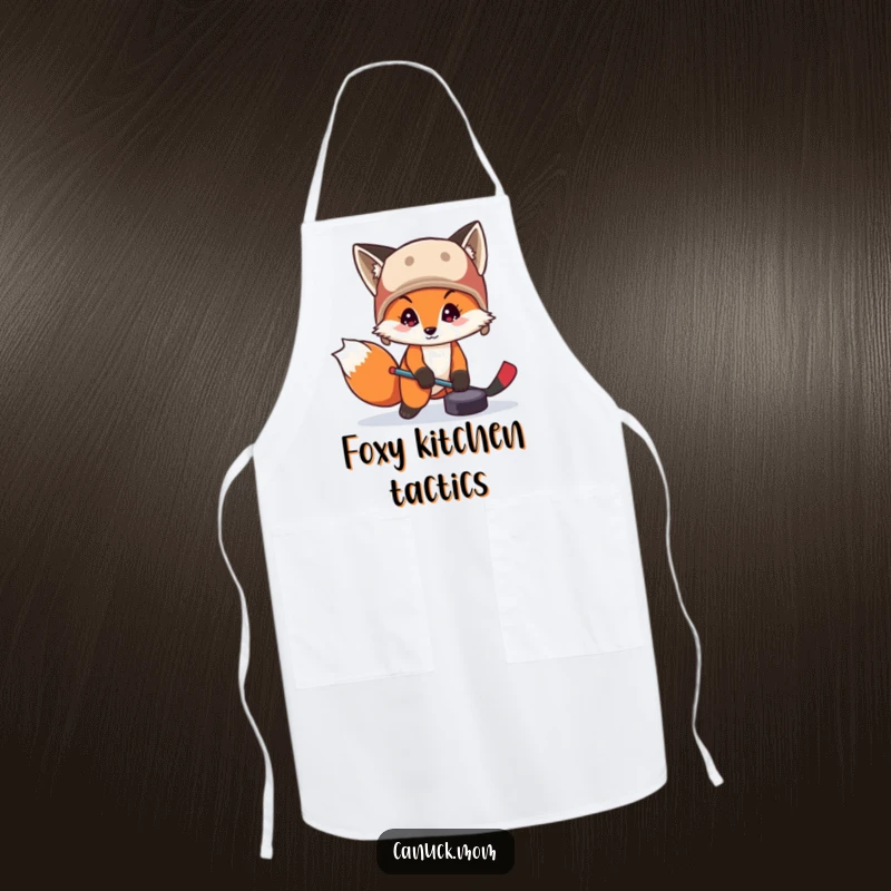 Funny fox wearing a trapper hat, playing hockey with a puck on a kitchen apron, bringing sporty humor to meal prep.