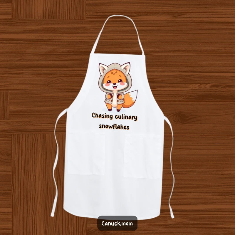 Funny Fox Parka Apron: A smiling fox in a warm parka playfully chases snowflakes, ideal for kitchen fun.