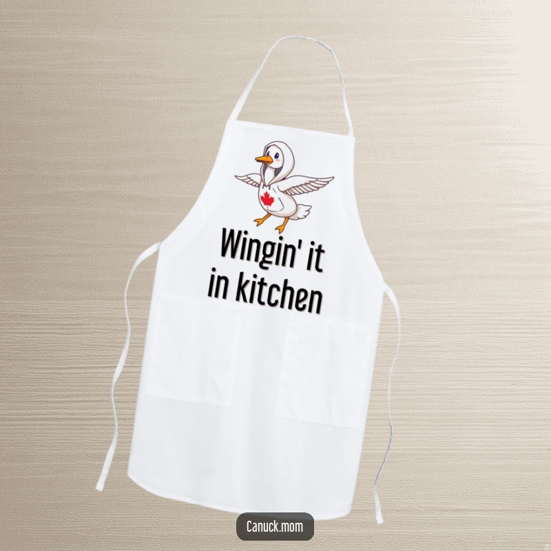 Funny goose wearing a Canadiana hoodie, flying north, a humorous apron for the kitchen.