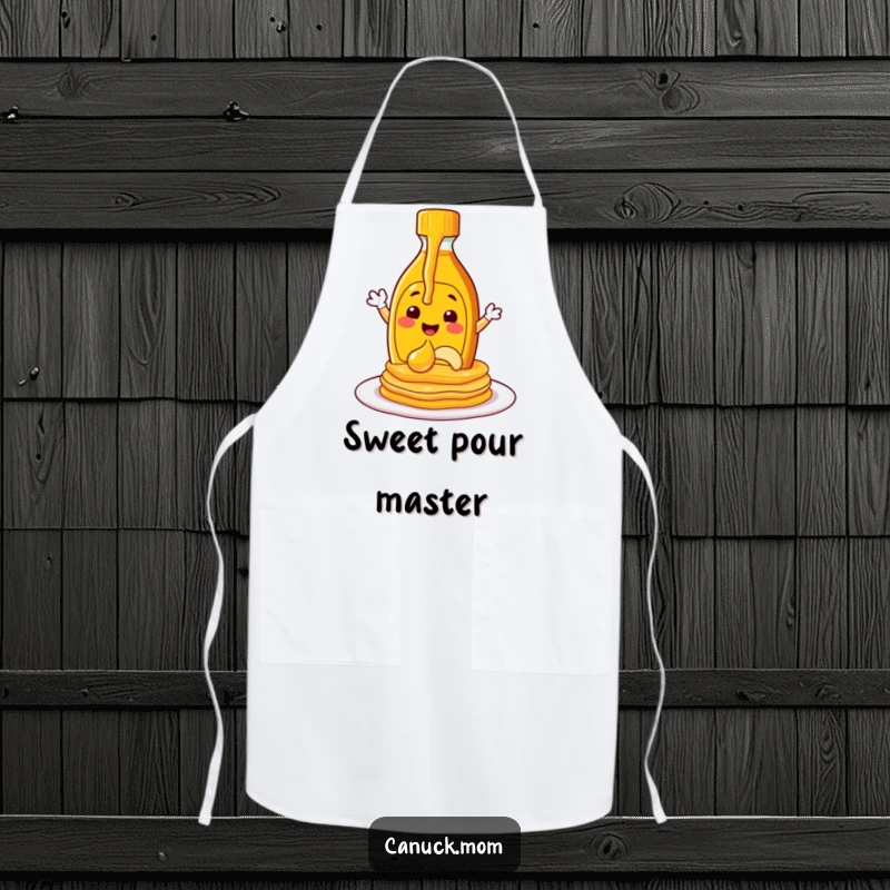 Funny maple syrup bottle character pouring syrup onto pancakes, designed on a cooking apron.