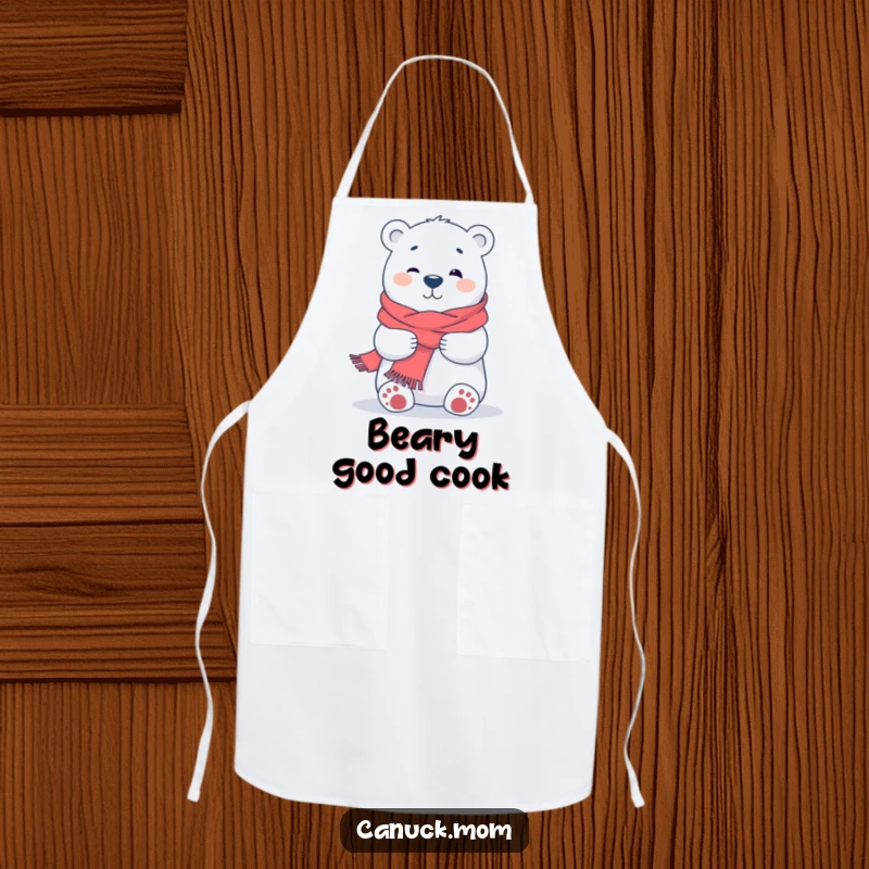 Funny Polar Bear Hug Apron, a kitchen apron with a cartoon polar bear in a scarf, offering a welcoming hug, practical and cute.