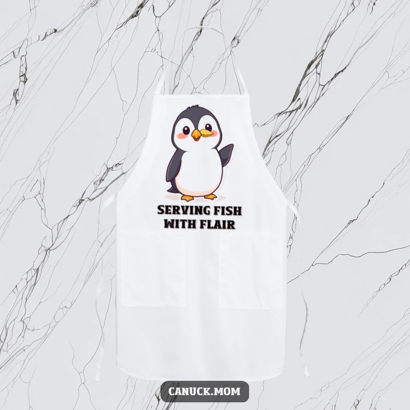 Funny puffin apron featuring a polite bird wearing a small feather and giving a friendly nod, perfect for humorous kitchen tasks.