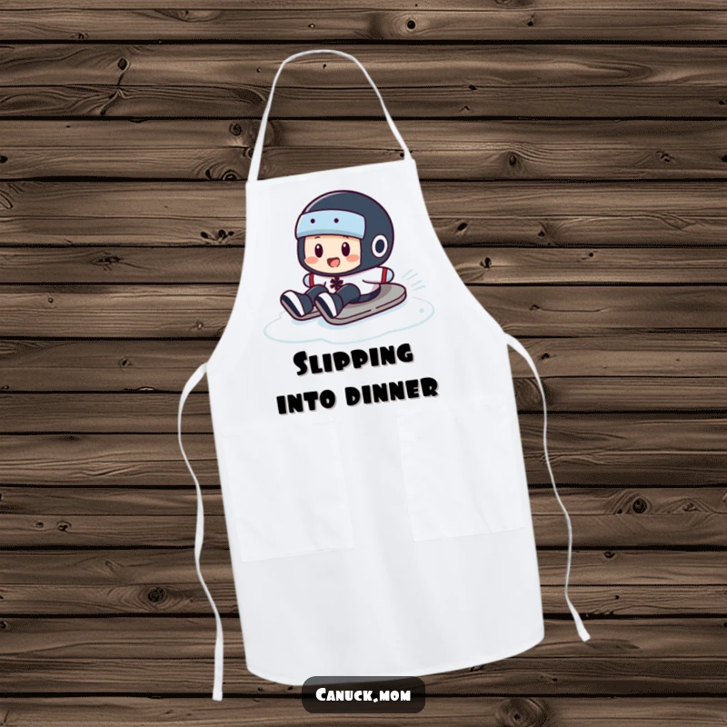 Funny Puck Slide Apron: A hockey puck character comically sliding on ice, perfect for a humorous cooking experience.