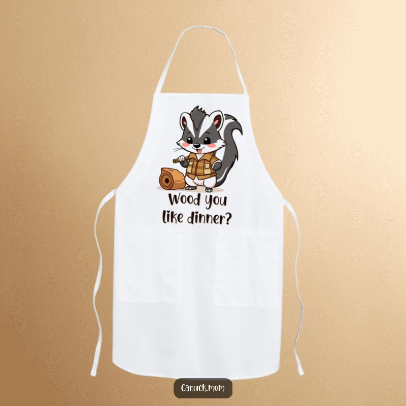 Funny skunk wearing a lumberjack shirt chopping wood, durable and humorous apron for chefs.
