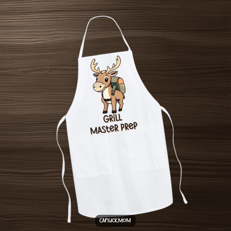 Funny determined caribou wearing a backpack on a cooking apron, fueling culinary adventures.
