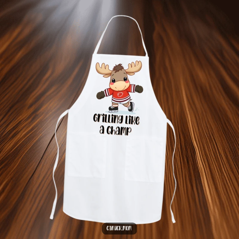 Funny moose hockey apron with a cheerful moose wearing a jersey, happily skating, ready for humorous kitchen tasks.