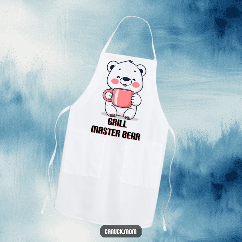 Happy Polar Bear Apron, holding a steaming mug, ideal for cheerful winter cooking and baking.