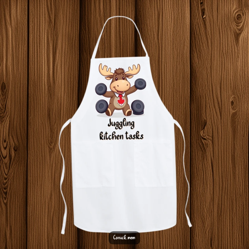 Funny moose wearing a maple leaf tie, juggling hockey pucks, ideal for chefs who love Canadian sports.