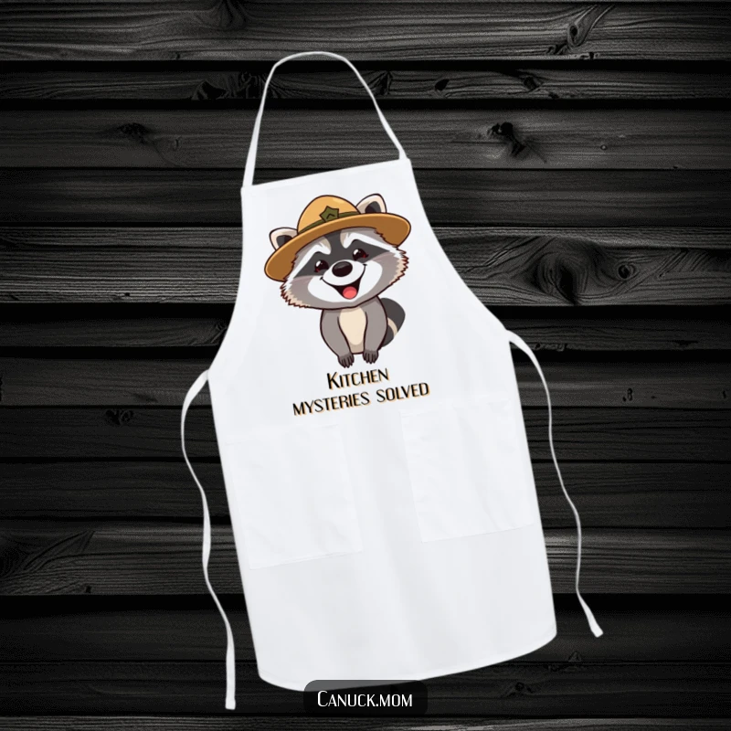 Funny apron showing a grinning raccoon in a park ranger hat, looking curiously, bringing kitchen adventure.