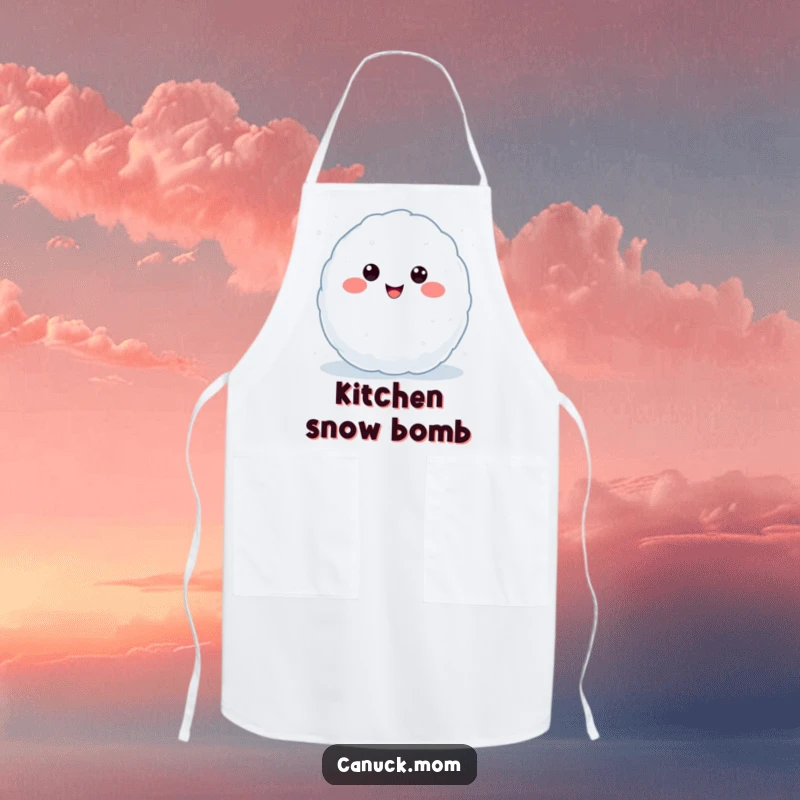 Funny Kawaii Snowball Apron showing a smiling snowball character, mid-throw, great for kitchen fun and a funny gift.