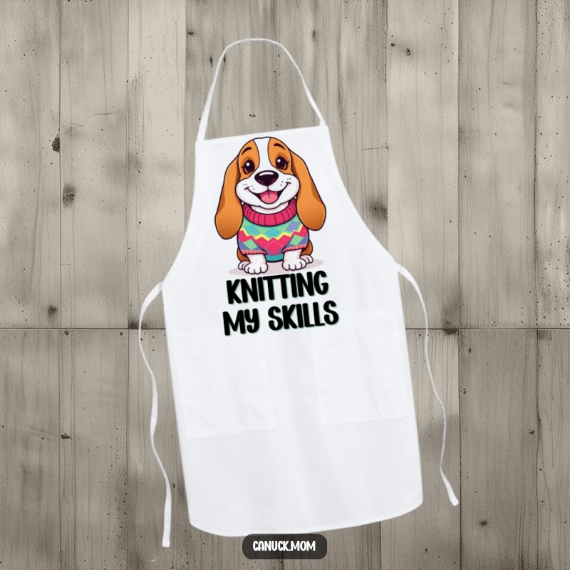 Funny Basset Hound Apron: A smiling dog in a colorful knitted sweater, adding cheer to kitchen duties.