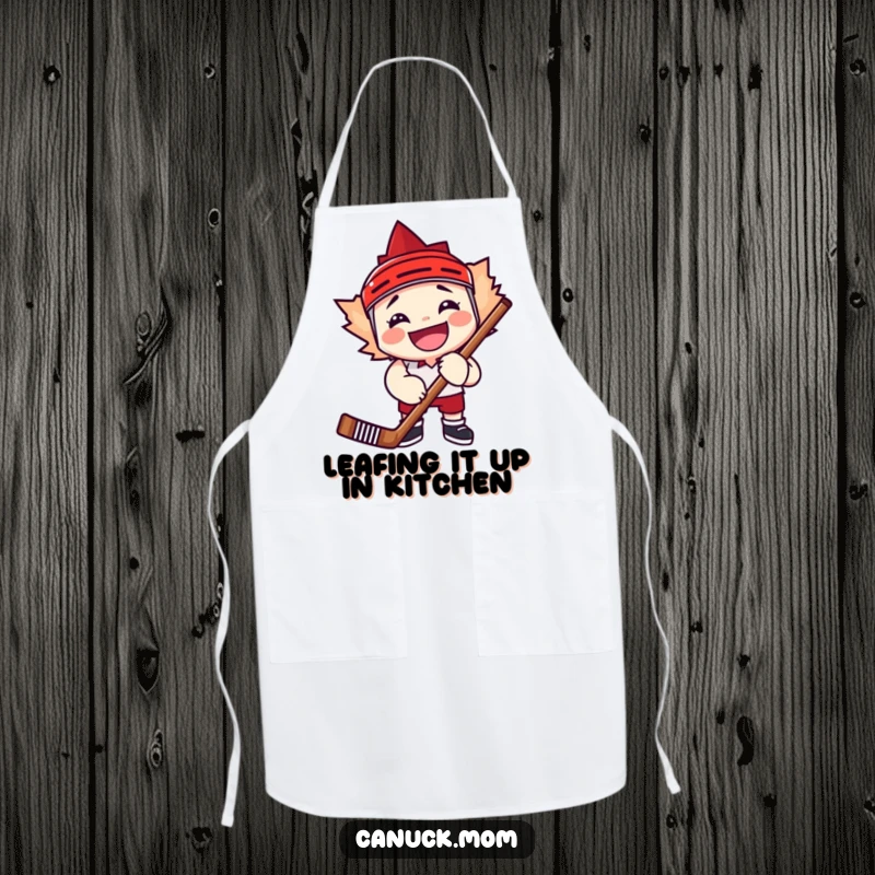 Funny maple leaf character grinning widely, embracing a hockey stick, perfect for kitchen or game day fun.