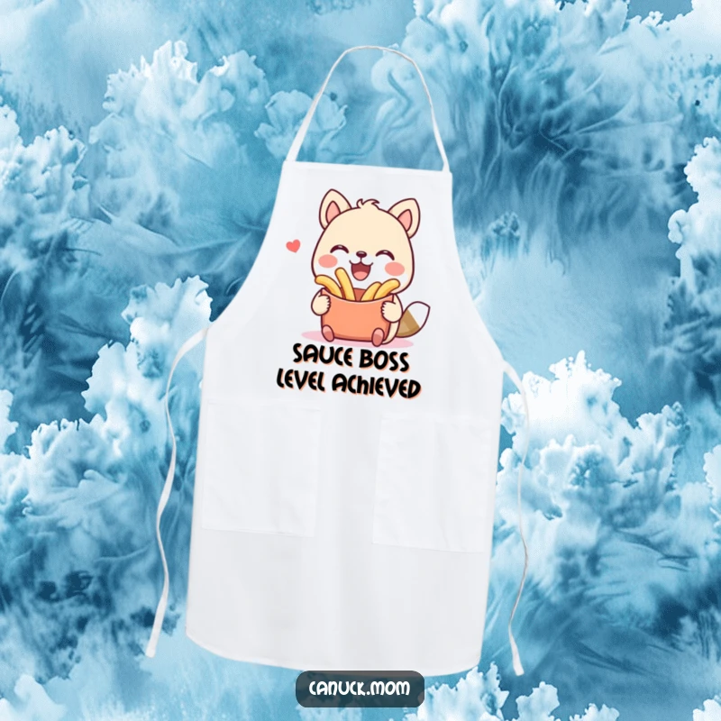 Funny chef apron with an animal character happily holding a poutine, smiling brightly. A humorous kitchen accessory gift for food lovers.