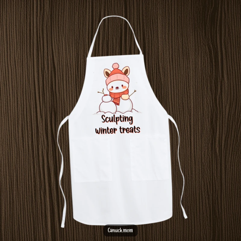 Funny animal in a winter hat building a snowman while cooking, a humorous and practical apron.