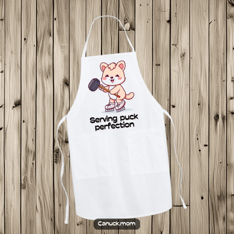 Funny animal skating with hockey puck and stick while cooking, a humorous and practical apron.