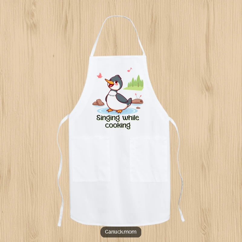 Funny Kawaii Loon Apron: A cute Kawaii loon sings by a lake while you cook, adding cheerful, natural humor.