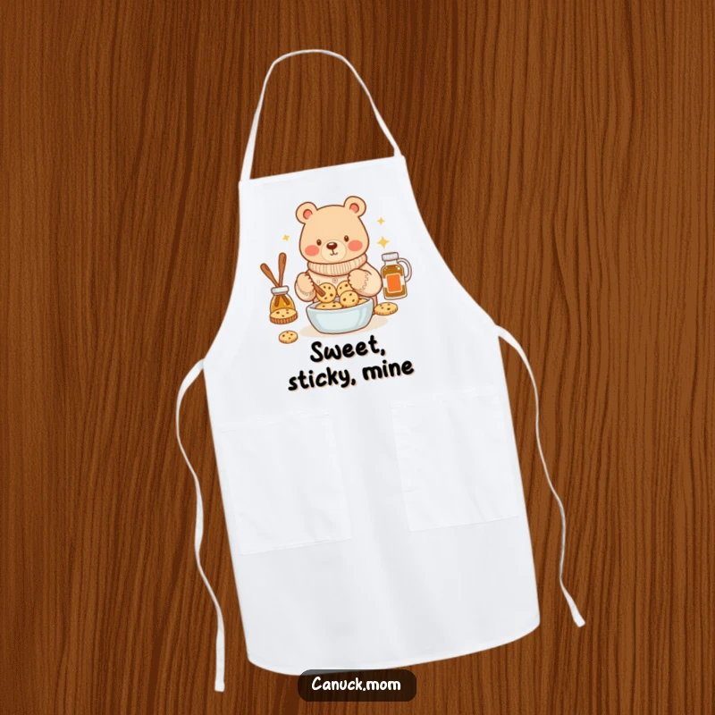 Funny bear wearing a cozy sweater, baking maple syrup cookies on a kitchen apron, making baking sessions delightful.