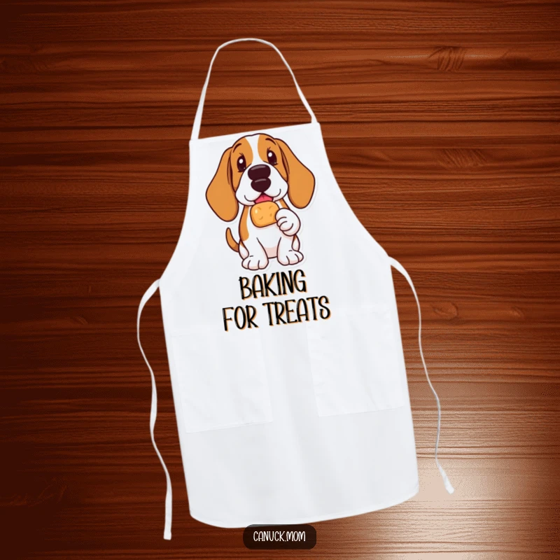 Funny Basset Hound apron depicting a delighted dog holding a Timbit, perfect for a joyful cooking experience.