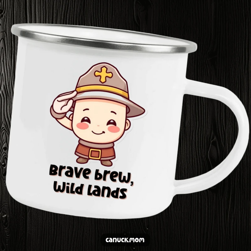 Funny Mountie hat camping mug with a cheerful, saluting face, embodying Canadian spirit and humor for enjoying beverages outdoors.