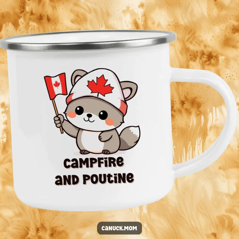 Funny Canadian animal character wearing a toque, waving a tiny Canadian flag, on a sturdy camping mug, a humorous gift.