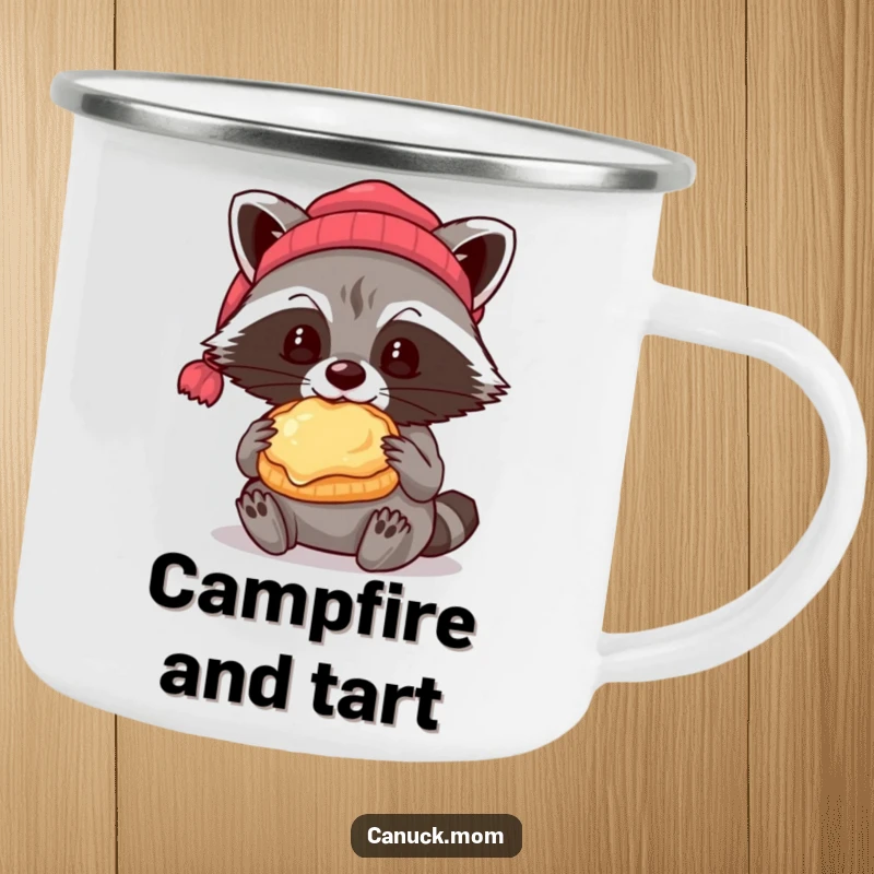 Funny raccoon wearing a beanie eating a butter tart, durable camping mug.