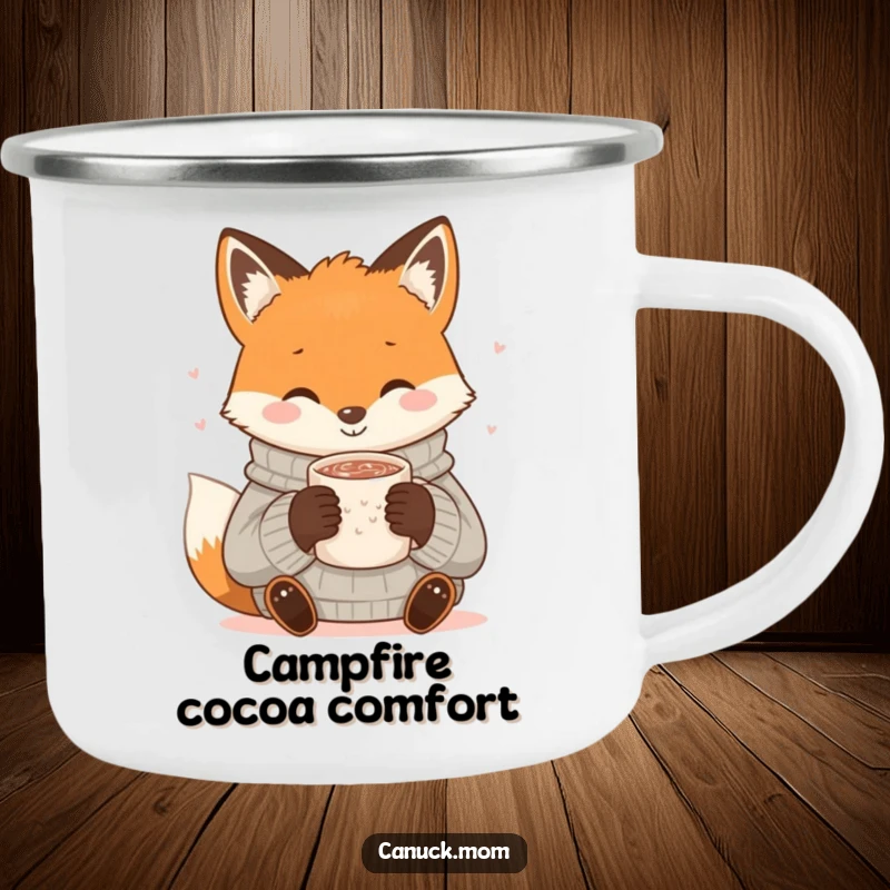 Funny Fox Cocoa Camping Mug: A smiling fox in a cozy sweater sips hot cocoa, ideal for outdoor warmth and humor.