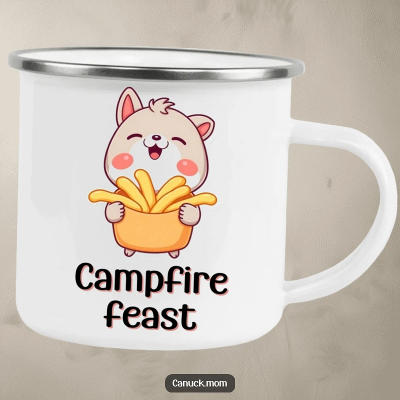 Funny camping mug showing an animal character smiling widely while holding a poutine, perfect for outdoor meals.