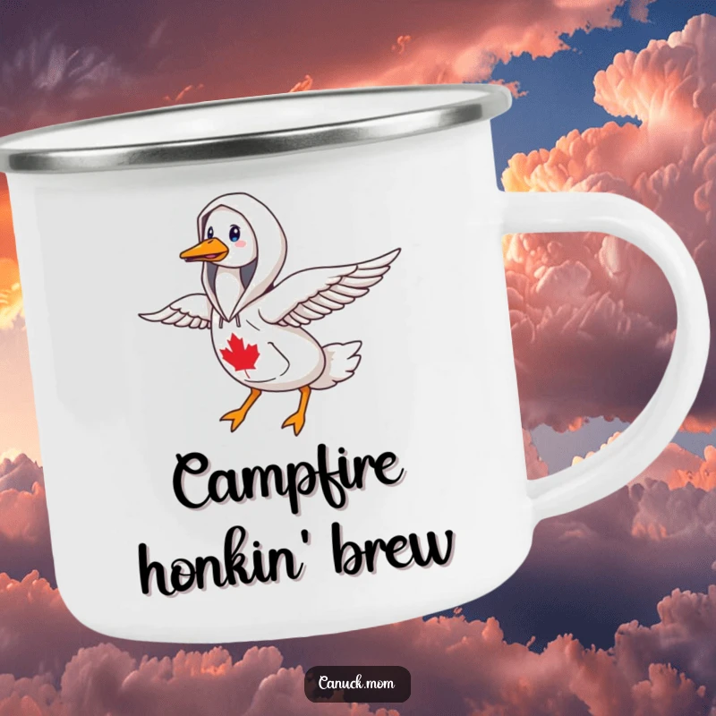 Funny goose wearing a Canadiana hoodie, flying north, on a rugged camping mug.