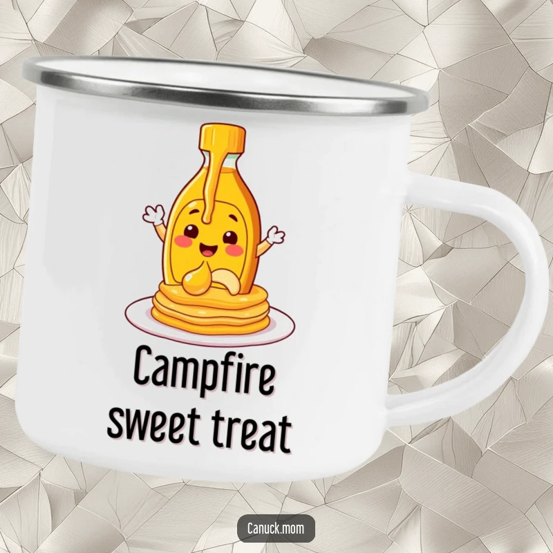 Durable camping mug with a funny maple syrup bottle character pouring syrup onto pancakes, for outdoor enjoyment.