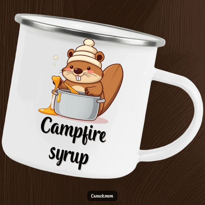 Funny beaver wearing a toque, stirring a pot of maple syrup, on a rugged camping mug, perfect for outdoor enjoyment.