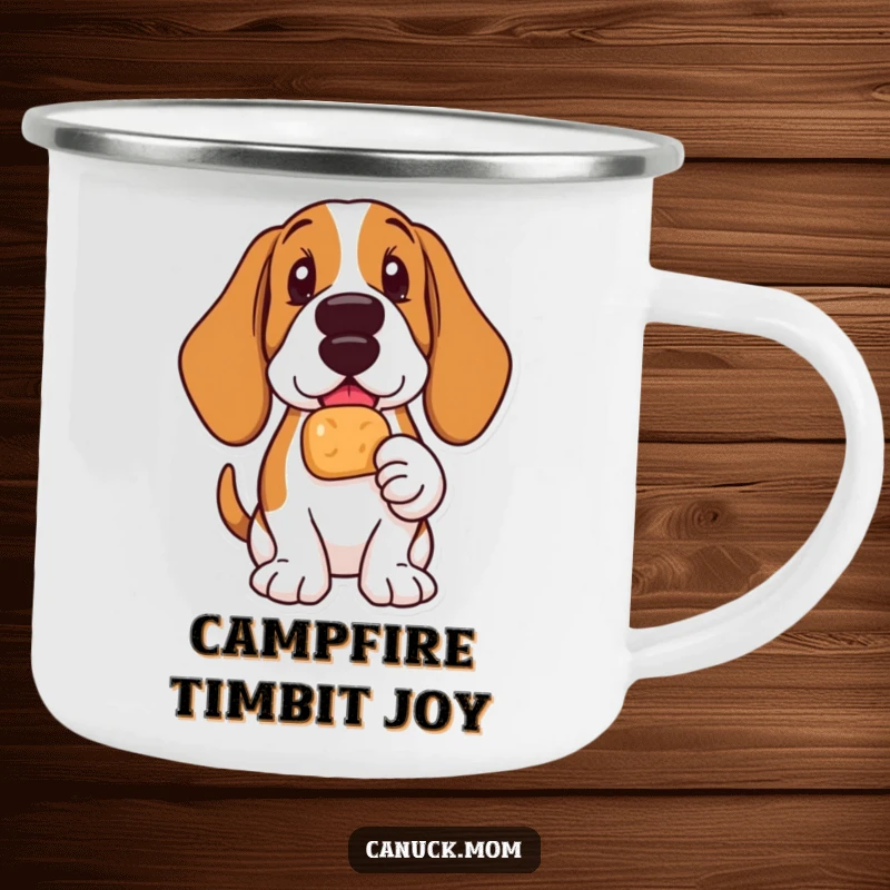 Funny Basset Hound camping mug showing a delighted dog holding a Timbit, ideal for enjoying drinks outdoors.