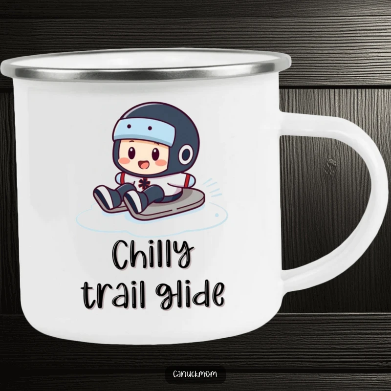 Funny Puck Slide Camping Mug: A sturdy mug with a hockey puck character comically sliding on ice during an outdoor adventure.