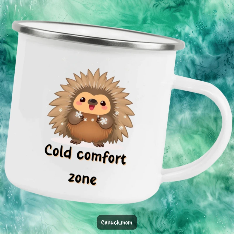 Funny proud porcupine with snowflakes on a durable camping mug, ideal for cold weather.